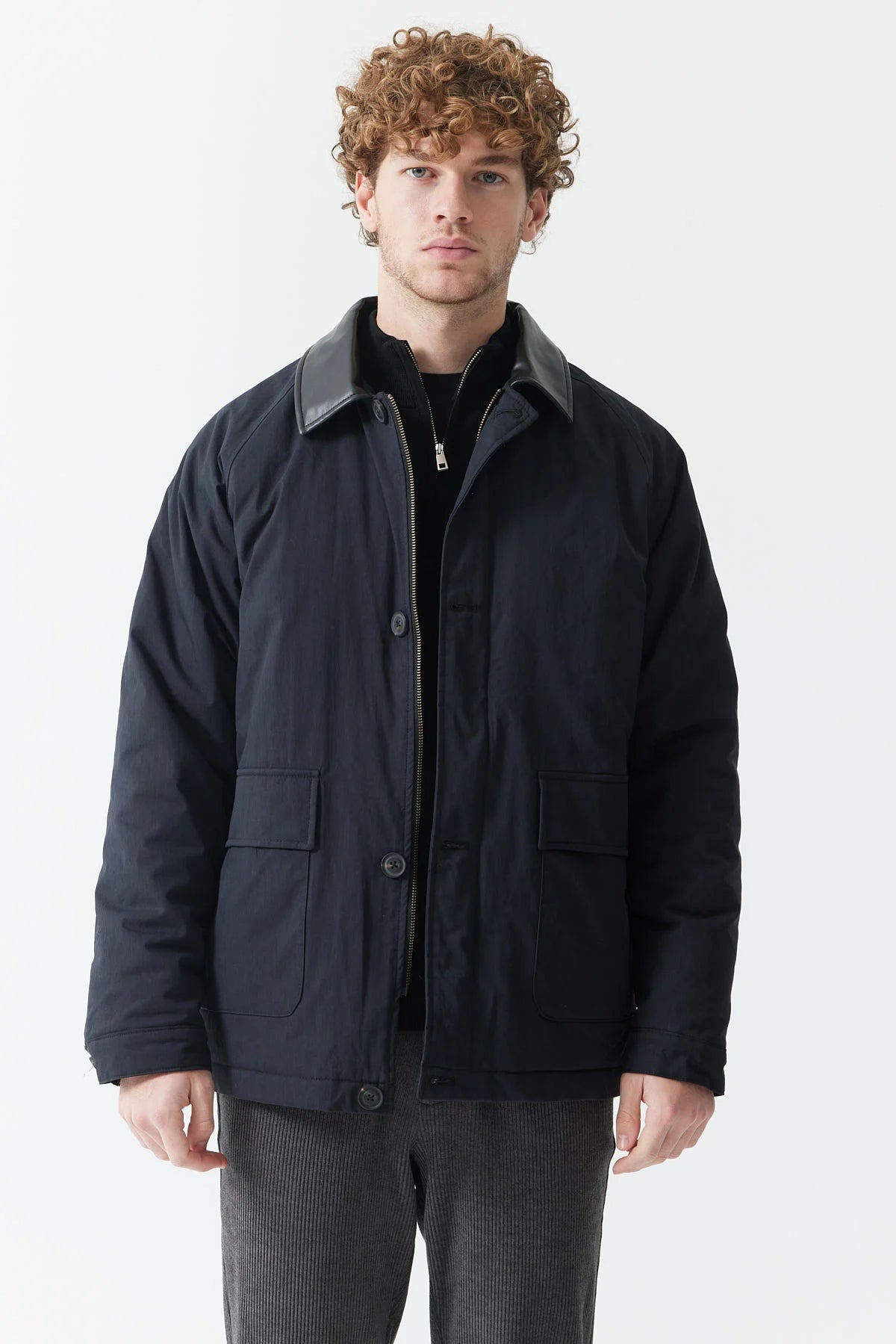 Men's Jacket with Leather Collar Detail