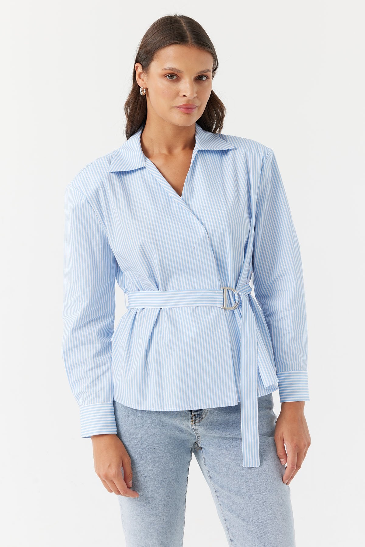 قميص نسائي مخطط سميك مع حزام بإبزيم