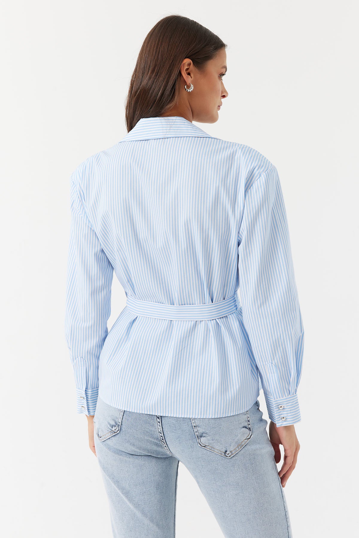 قميص نسائي مخطط سميك مع حزام بإبزيم