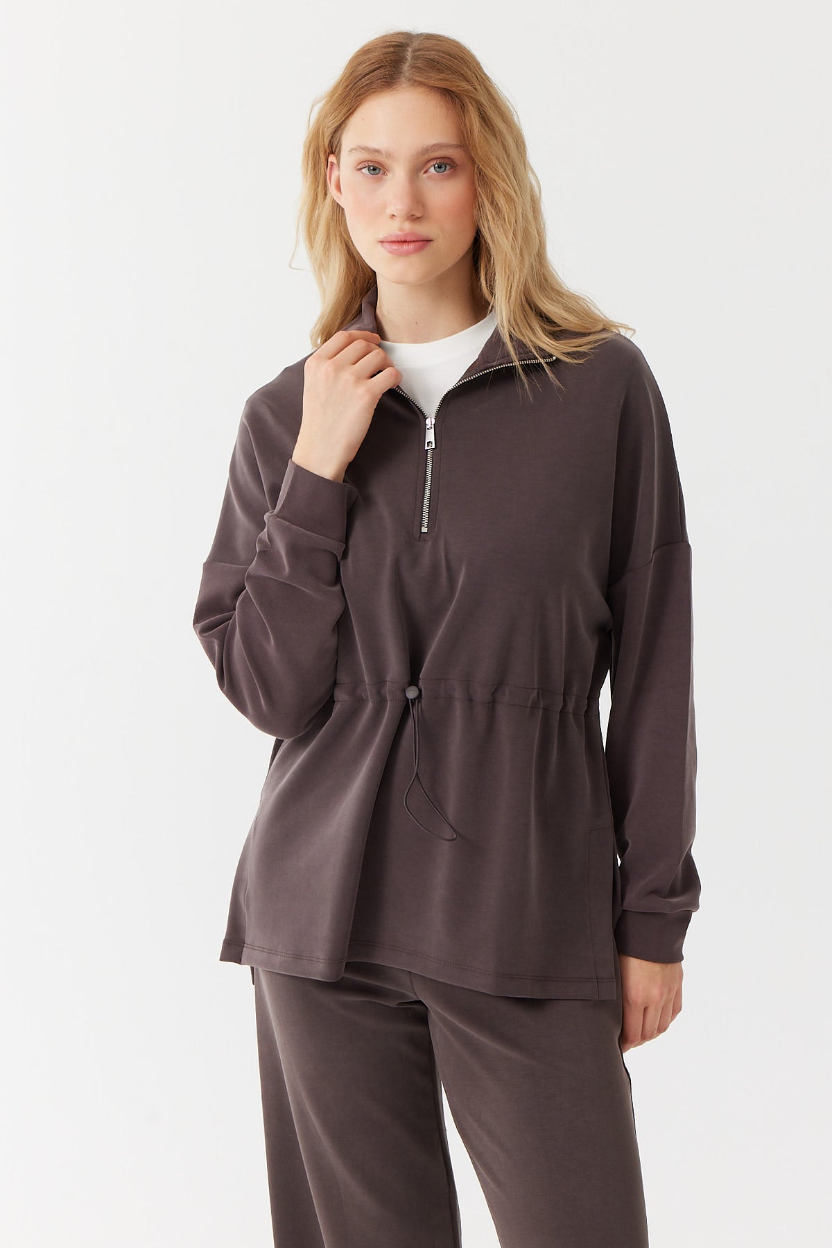 Zippered Stand Collar Sweat Top