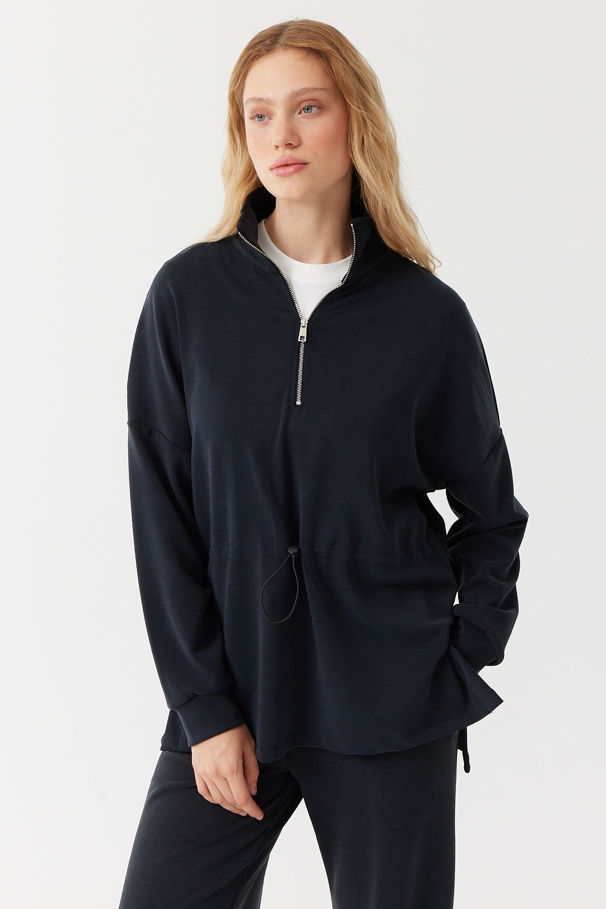 Zippered Stand Collar Sweat Top