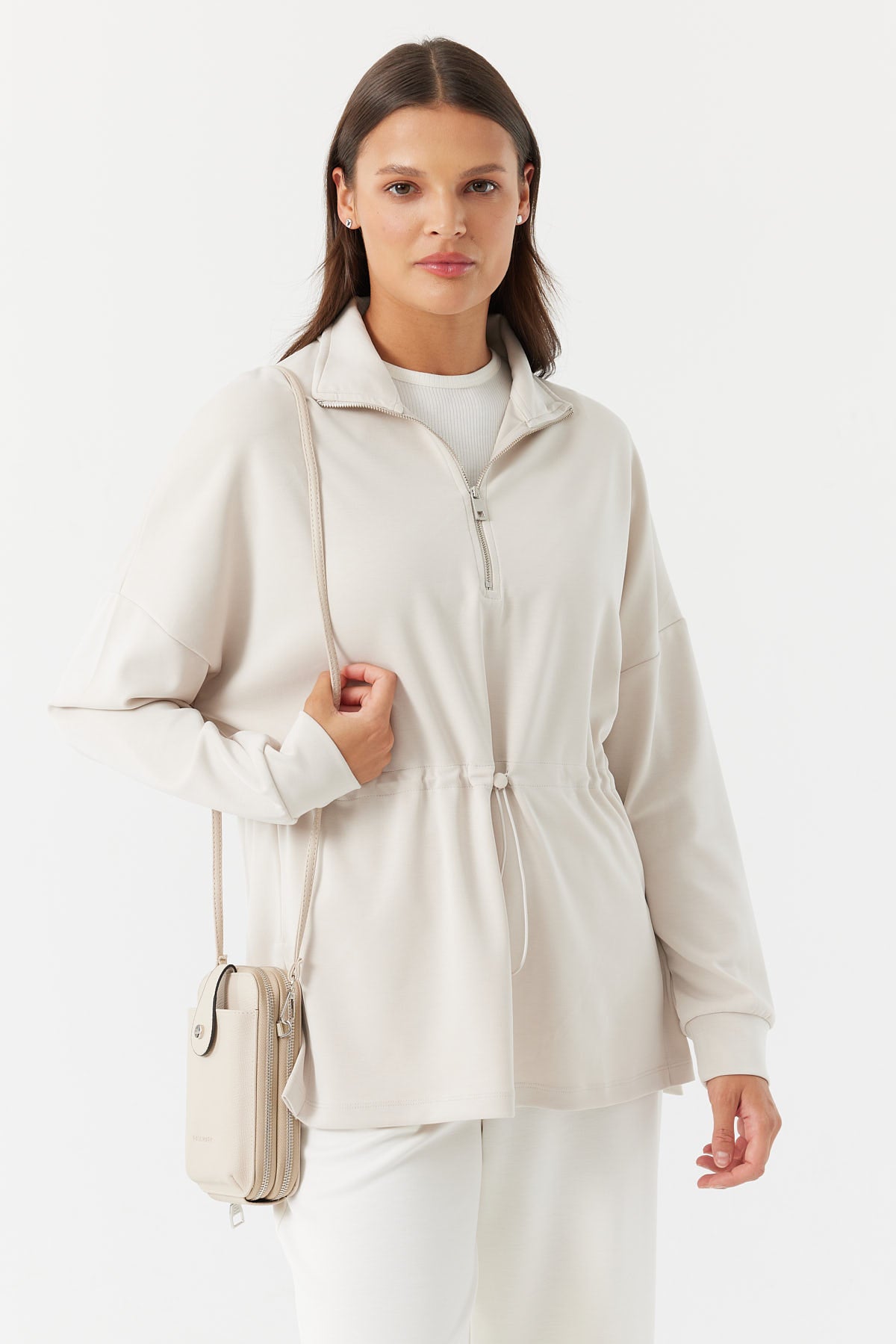 Zippered Stand Collar Sweat Top