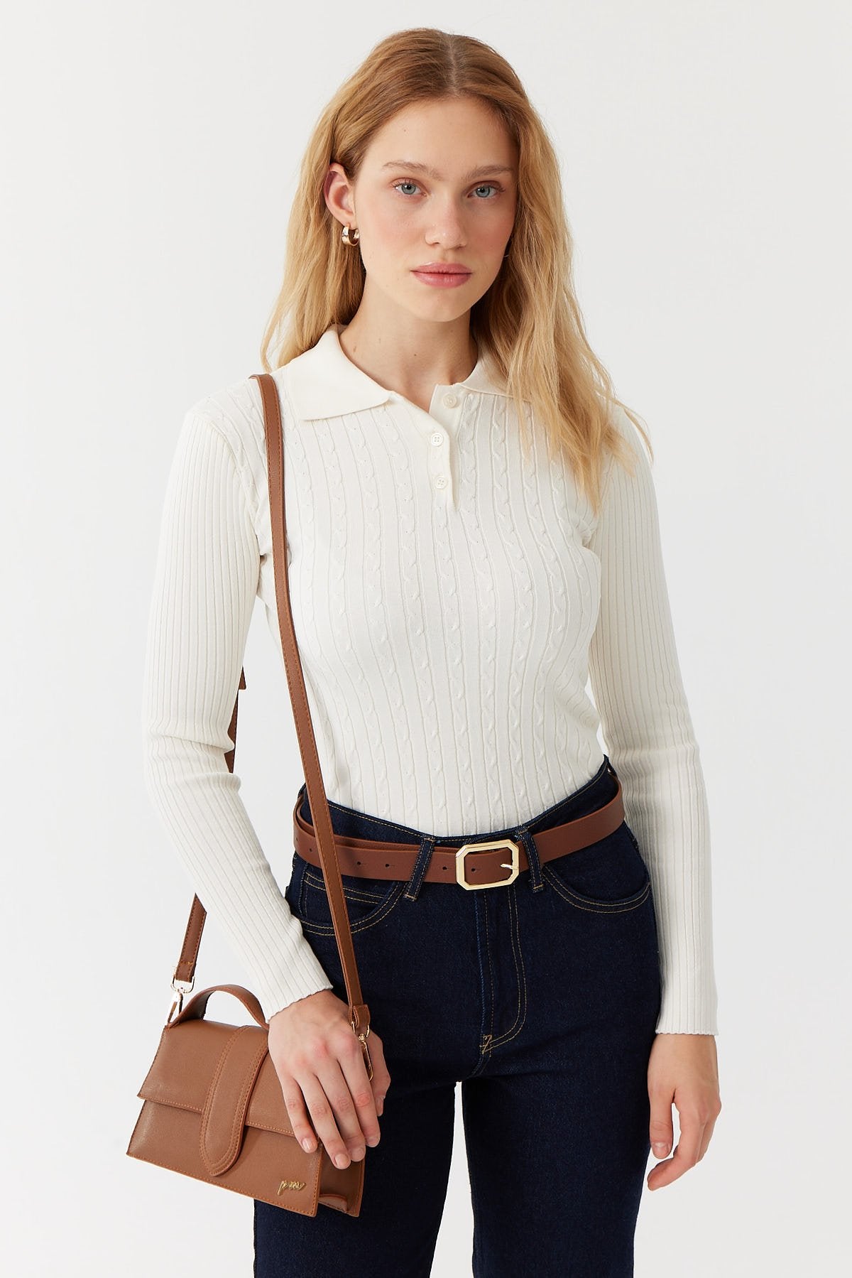 Women's Hair Knitted Patterned Polo Neck Sweater