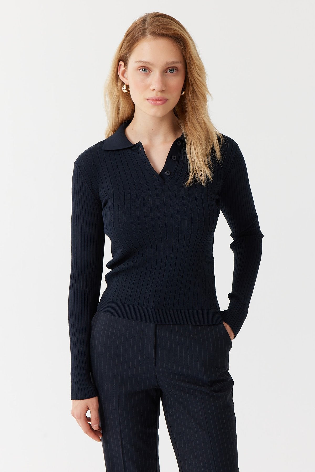 Women's Hair Knitted Patterned Polo Neck Sweater