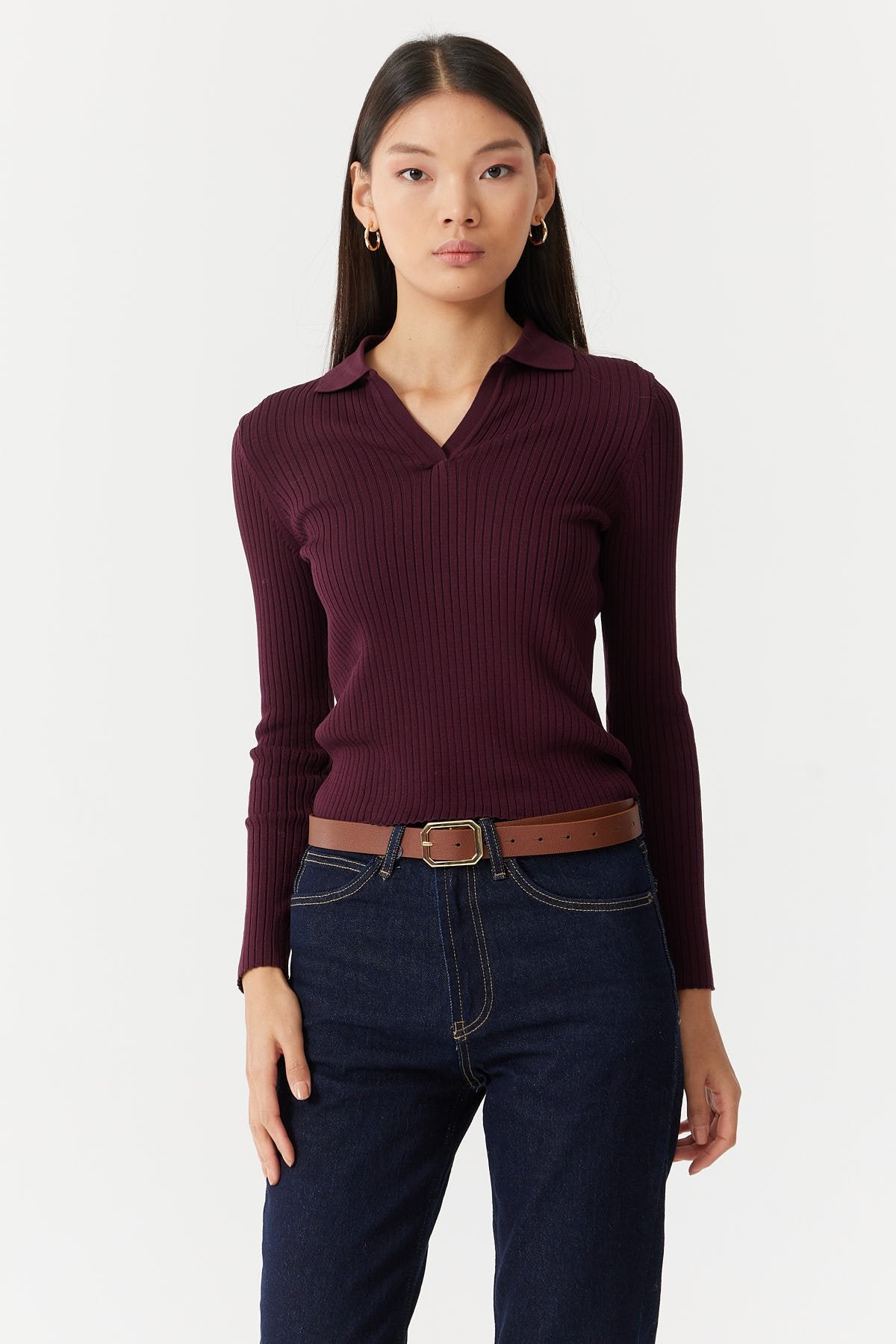 Women's Ribbed Cross Collar Polo Knit Sweater Em1202