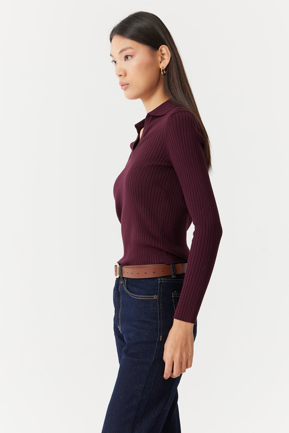 Women's Ribbed Cross Collar Polo Knit Sweater Em1202