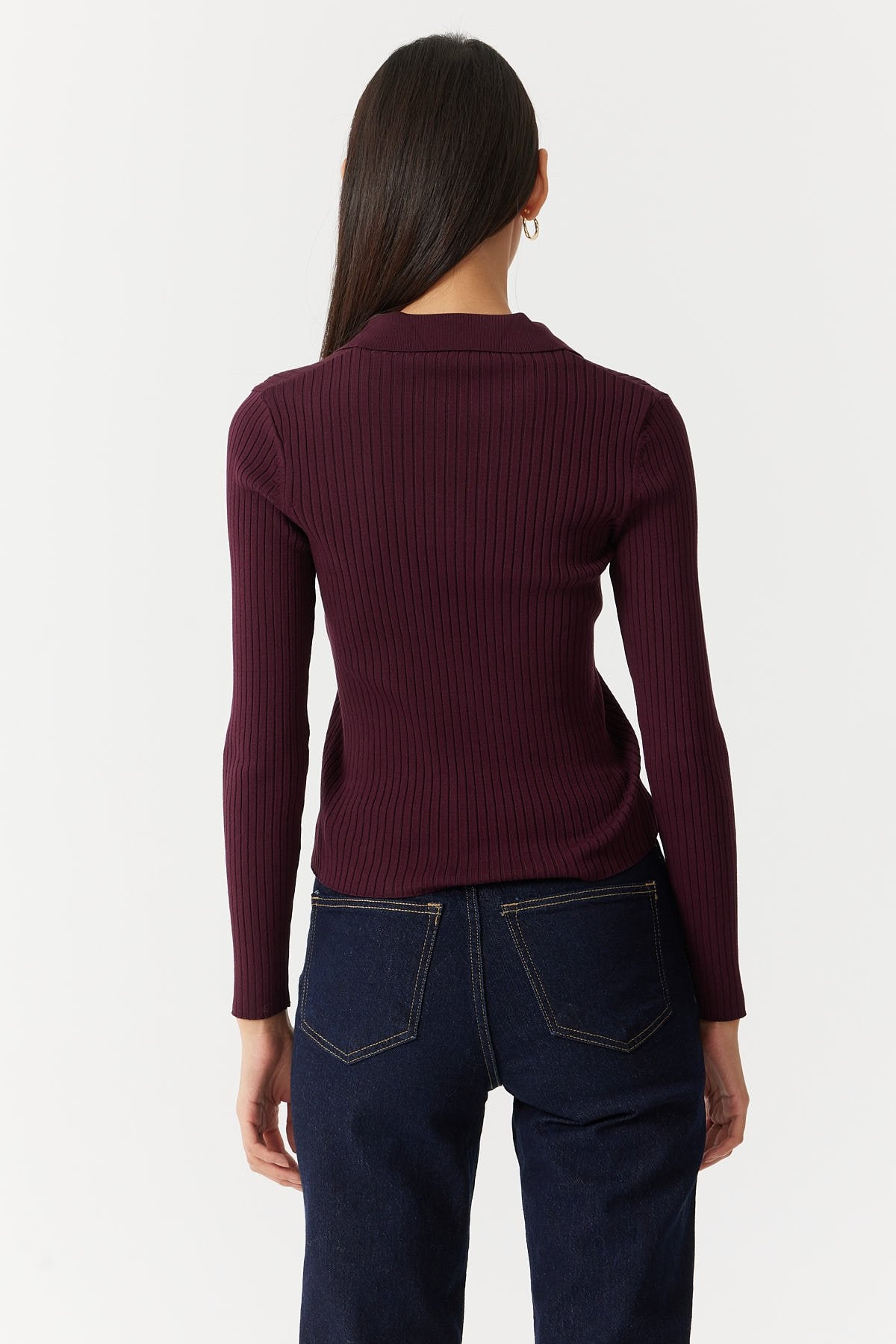 Women's Ribbed Cross Collar Polo Knit Sweater Em1202
