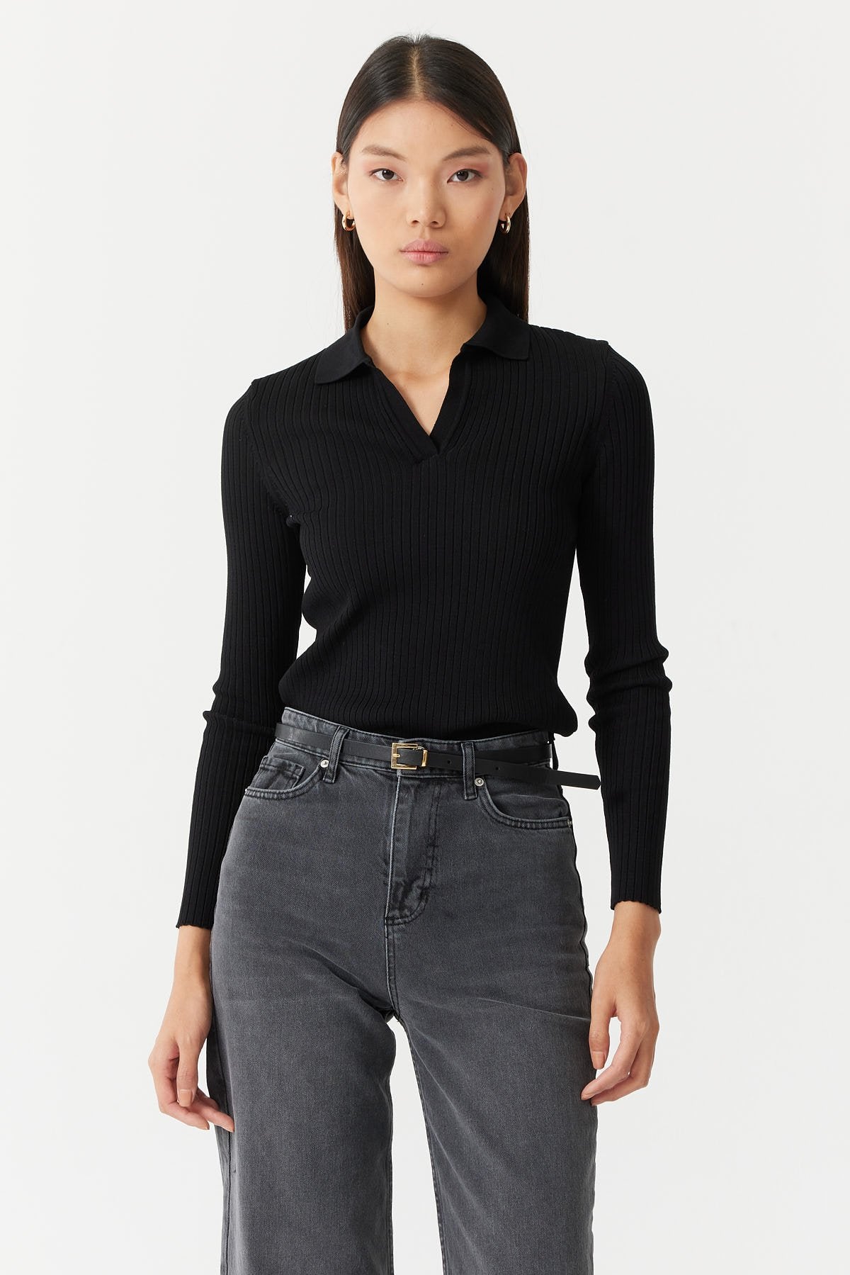 Women's Ribbed Cross Collar Polo Knit Sweater Em1202