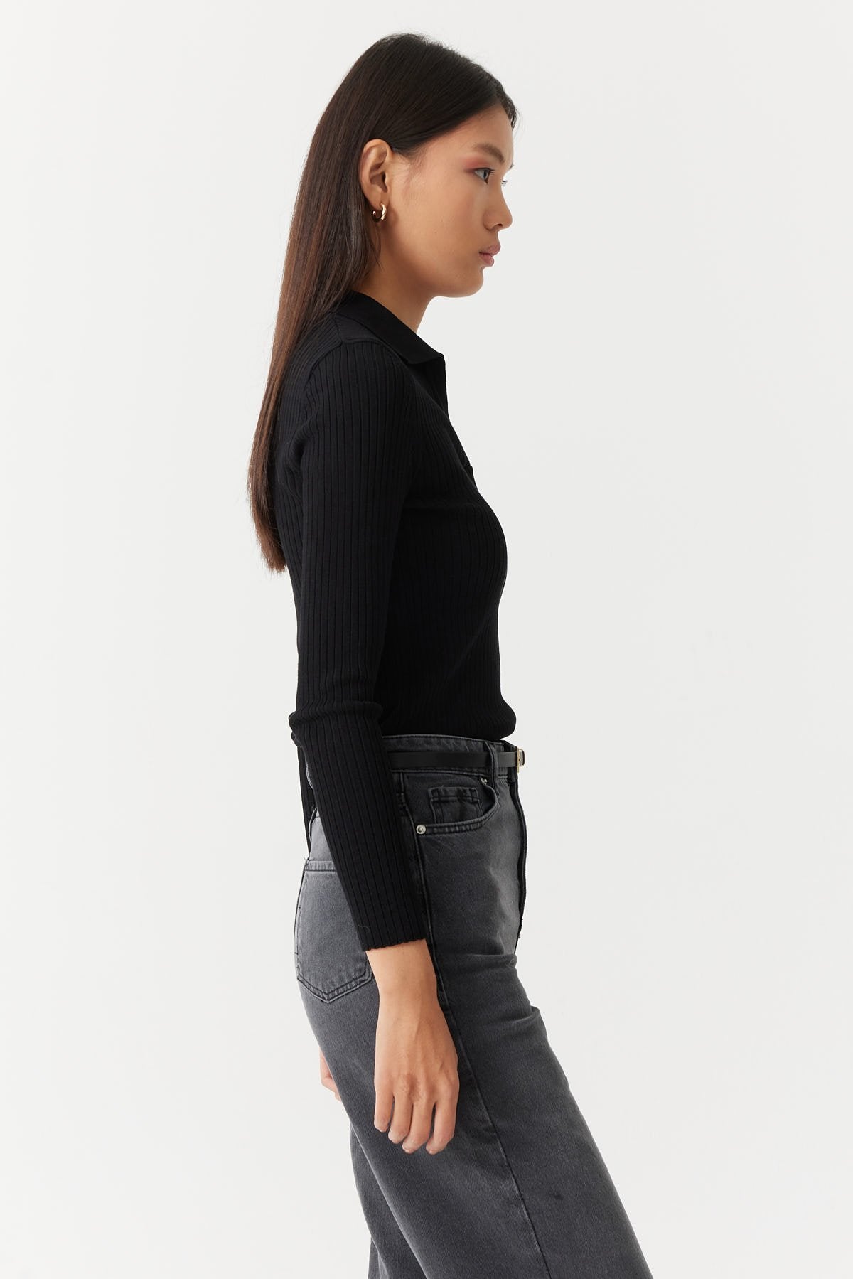Women's Ribbed Cross Collar Polo Knit Sweater Em1202