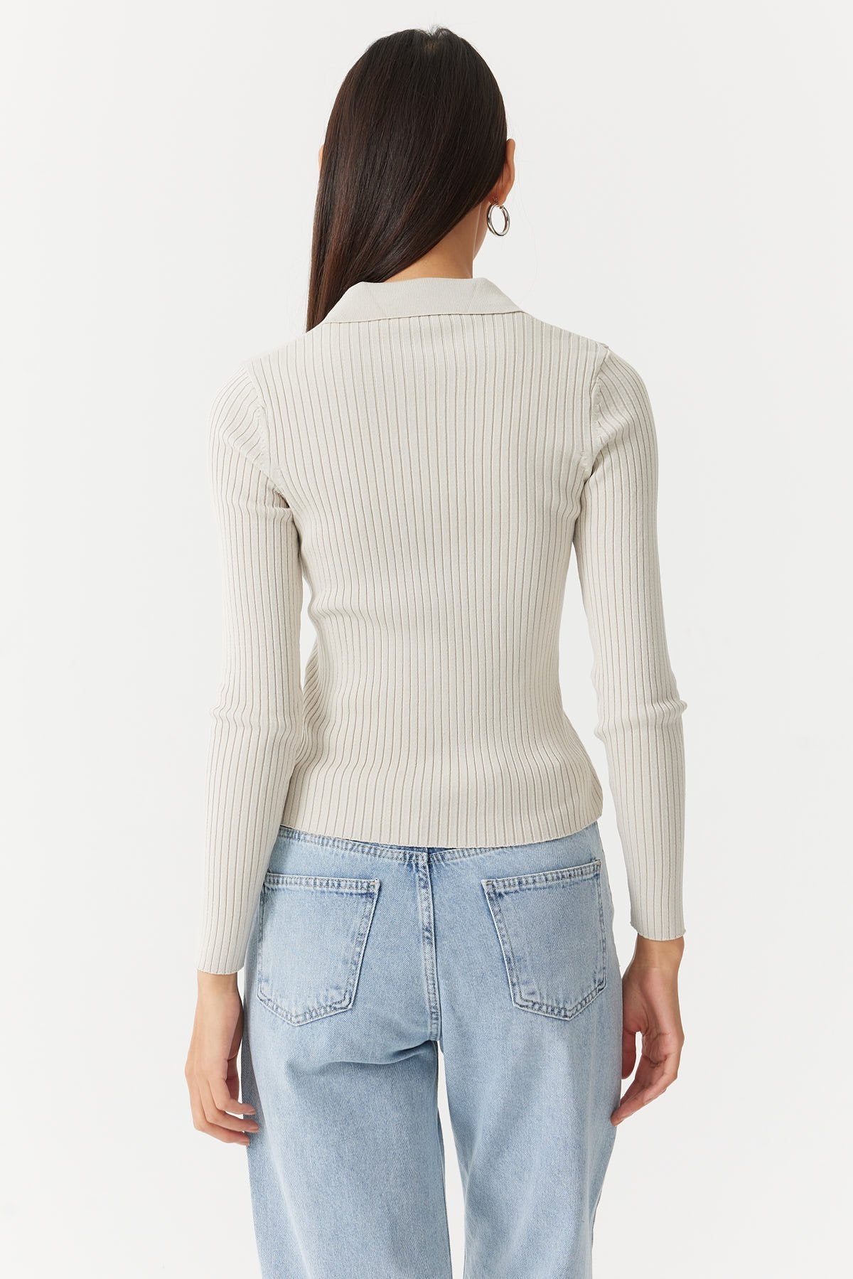Women's Ribbed Cross Collar Polo Knit Sweater Em1202