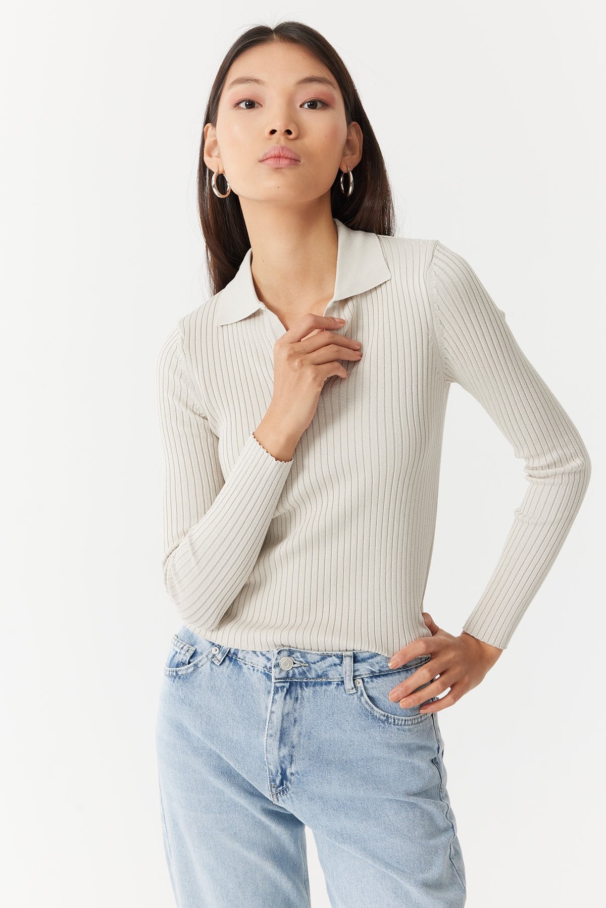 Women's Ribbed Cross Collar Polo Knit Sweater Em1202