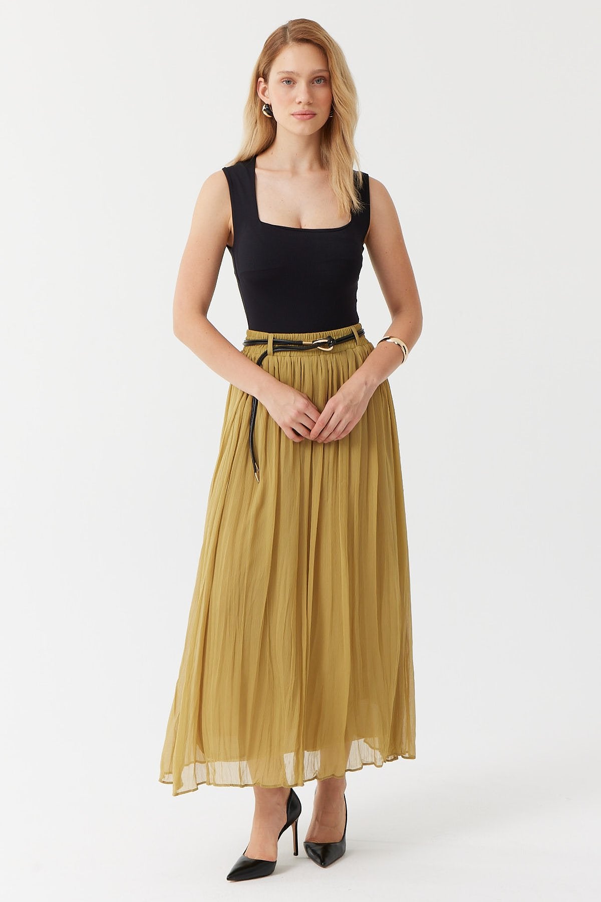 Women's Belt Detailed Chiffon Skirt